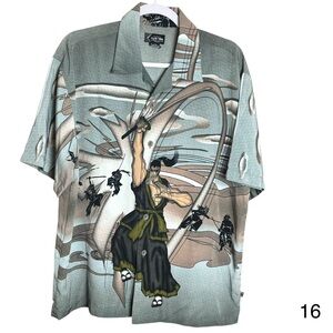 kustom mens medium samurai double sided anime button front short sleeve shirt